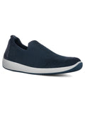 Navy slip-on shoe with white sole on a white background