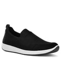 Black Nike training shoe with a white sole on a white background