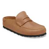 Tan leather loafer shoe on a white background