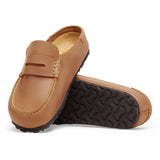 Brown leather loafer shoes on a white background