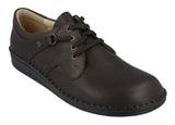 A dark brown leather lace-up shoe with a low-cut vamp and a black sole, shown from a three-quarters angle on a white background.