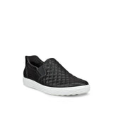 Black quilted slip-on sneaker with white sole on a white background