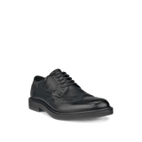 Black leather dress shoe on a white background
