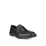 Black leather loafer shoe on a white background