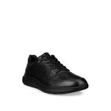 A single black leather low-top sneaker with black laces and a black sole, shown from a three-quarters angle on a plain white background.