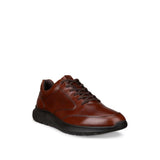 A single brown leather lace-up sneaker with a black sole, shown from a three-quarters angle on a plain white background.