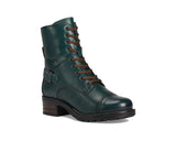 Green leather boot with brown laces on a white background
