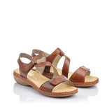 Pair of brown sandals with multiple straps on a white background