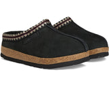 Pair of black slippers with cork sole on a white background