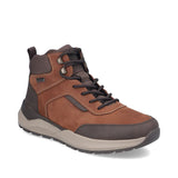 Brown and gray hiking boot on a white background