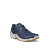 Navy shoe with white sole on a white background