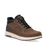 A brown suede and canvas mid-top lace-up shoe with black laces, a black collar, and a thick off-white sole, shown on a white background.