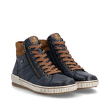 Pair of blue high-top sneakers with brown accents on a white background
