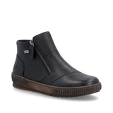 A black leather ankle boot with a side zipper, brown sole, and a small silver metal brand tag on the zipper pull, shown against a plain white background.