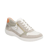 White and gray sneaker with orange accents on a white background