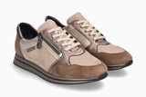 A pair of low-top casual sneakers in beige and brown suede-like materials, featuring a side zipper, beige laces, and a black sole, shown on a light gray background.