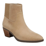 A beige suede ankle boot with a brown block heel and dark brown sole, shown from a side profile on a white background.