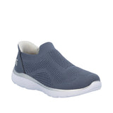 Blue slip-on sneaker with white sole on a white background