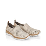 Pair of beige slip-on shoes with perforated design on a white background