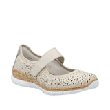 Beige shoe with cork sole on a white background
