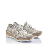 Pair of gray sneakers with white soles on a white background