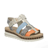 Multicolored sandal with patterned straps on a white background