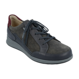 A dark gray suede and leather low-top sneaker with matching gray laces, a dark gray sole, and a burgundy inner lining, shown from a three-quarters angle on a white background.