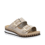 Beige sandal with gold buckle on a white background