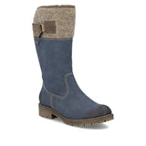 Blue boot with brown top on a white background
