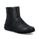 A single black leather ankle boot with a textured pebbled finish, elastic side detailing, and a thick black sole, shown from a three-quarters angle on a white background.