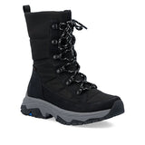A single black mid-calf winter boot with a thick gray sole, black laces with white flecks, and metal eyelets, shown from a three-quarters angle on a white background.