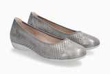 Pair of silver perforated shoes on a white background