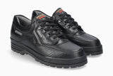 Pair of black leather shoes with brand logo on a white background