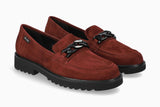 Pair of red loafers with black soles on a white background