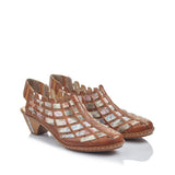 Pair of brown sandals with metallic accents on a white background